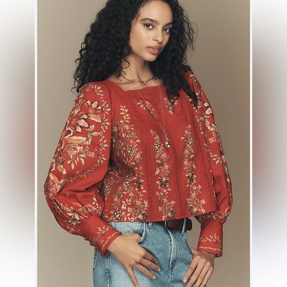FARM Rio Tops - Z13. Farm Rio x Anthropologie Square-Neck Blouse Floral Red Women
